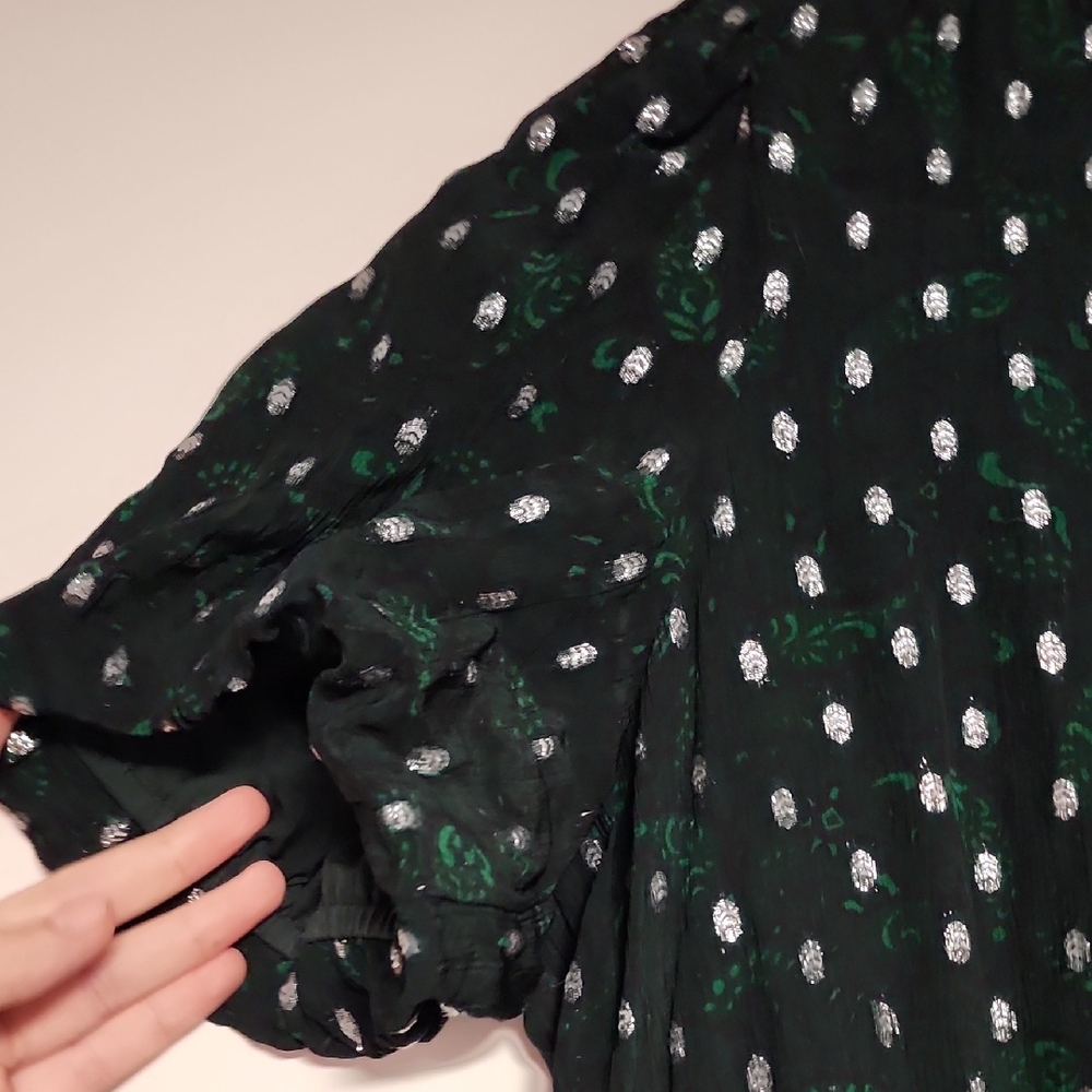 LOFT Metallic Clip Pintucked Flare Dress Green & Silver Size L - Picture 5 of 12